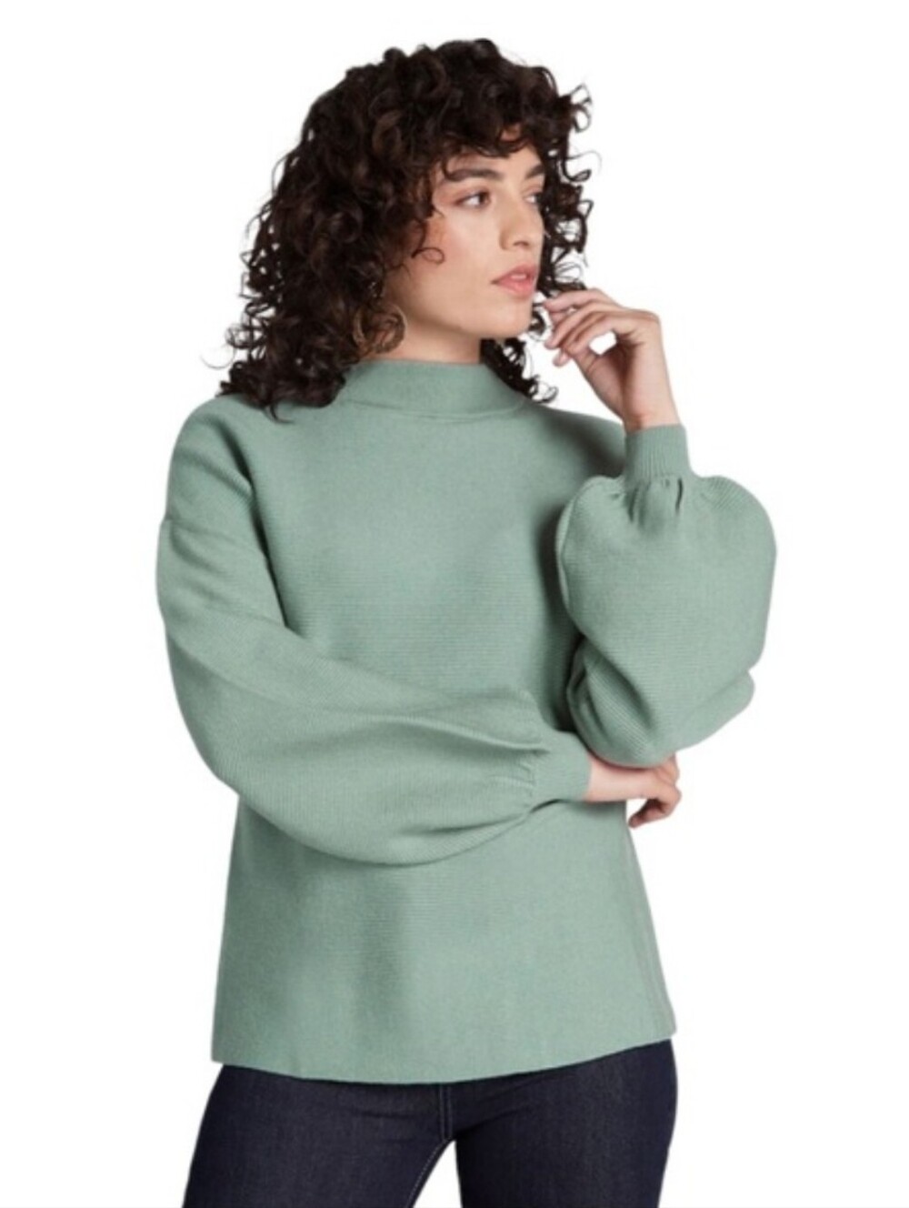 ModCloth Casual Keeper Ribbed Balloon Sleeve Mock Neck Sweater Sage Green XL